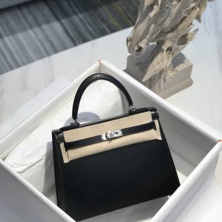 Replica Hermes Kelly Sellier 25 Black Box Palladium Hardware