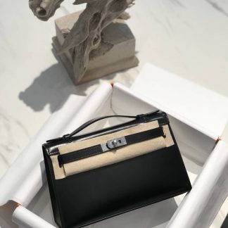 Replica Hermes Kelly Pochette 22 Black Swift Silver Hardware Bag