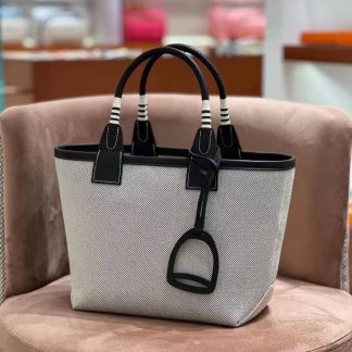 Replica Hermes Steeple 25 Canvas Leather Grey Black Tote Bag