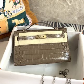 Replica Hermes Kelly Pochette Shiny Alligator Leather Bag