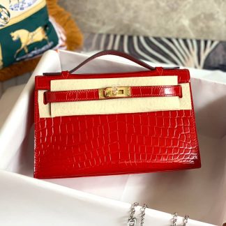 Replica Hermes Kelly Pochette Shiny Alligator Leather Bag