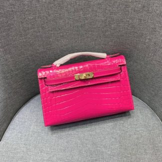 Replica Hermes Kelly Pochette Shiny Alligator Leather Bag