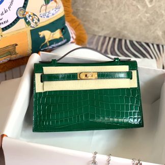 Replica Hermes Kelly Pochette Shiny Alligator Leather Bag