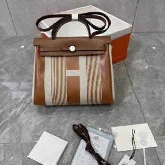 Replica Hermes Herbag Zip 31 Brown Hunter Leather Canvas Bag