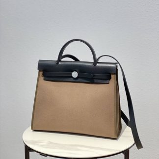 Replica Hermes Herbag Zip 31 Hunter Leather Canvas Bag