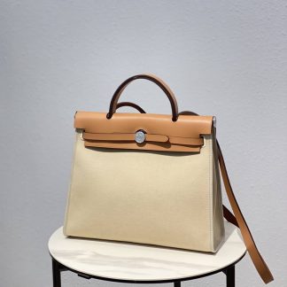 Replica Hermes Herbag Zip 31 Hunter Leather Canvas Bag