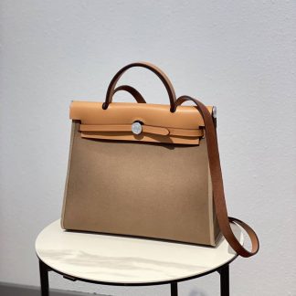 Replica Hermes Herbag Zip 31 Hunter Leather Canvas Bag