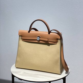 Replica Hermes Herbag Zip 31 Hunter Leather Canvas Bag