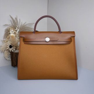 Replica Hermes Herbag Zip 31 Hunter Leather Canvas Bag